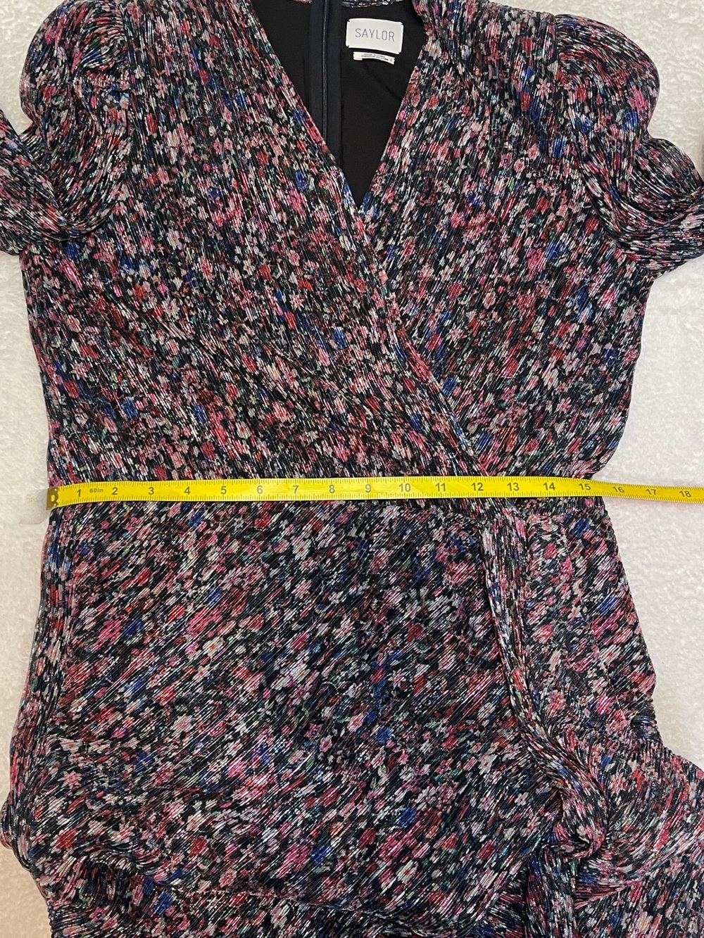 Saylor Bernadette draped faux wrap floral metallic‎ long sleeve cocktail dress L - Picture 8 of 15
